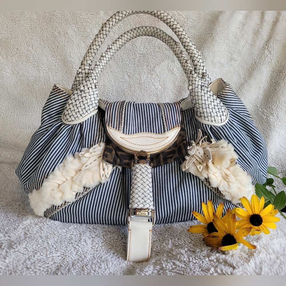 FENDI Denim Spy Bag With Rabbit Fur Trim